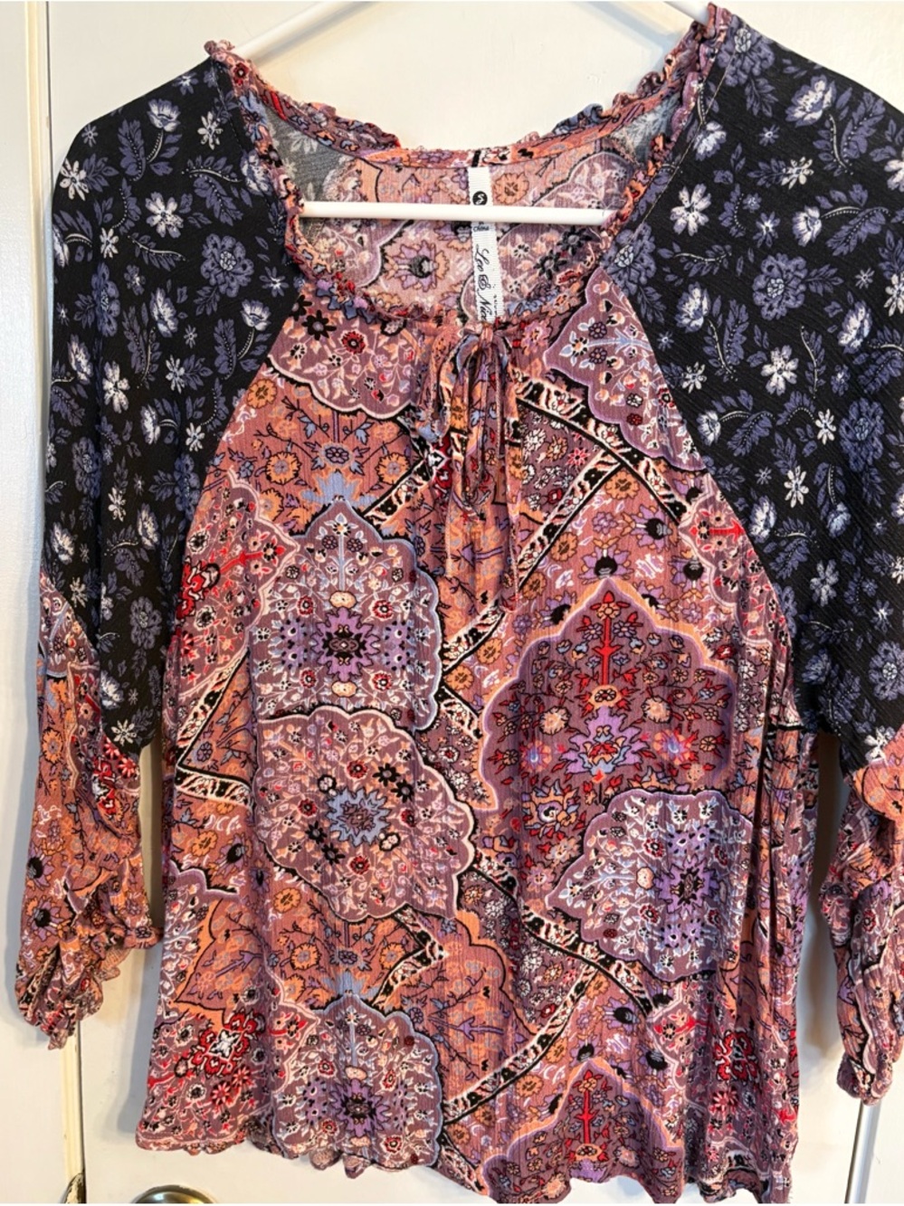 Free People Boho Paisley Floral Raglan Top in Pink and Navy